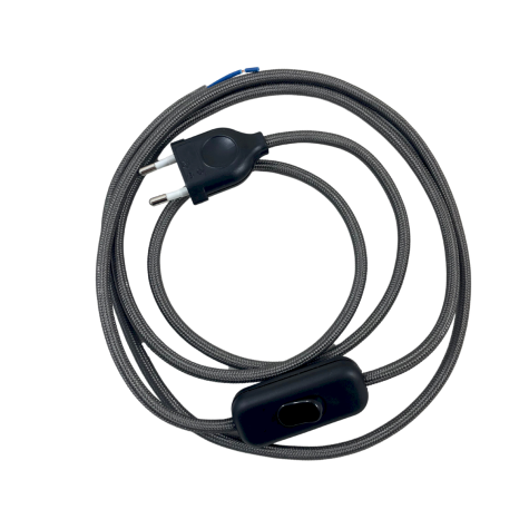 Cordon électrique avec interrupteur - coton gris - interrupteur noir - longueur 1.80 M