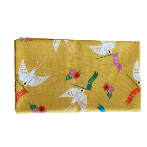 Mercerie - Tissu coupon 45 x 55 cm - oiseaux blanc - jaune