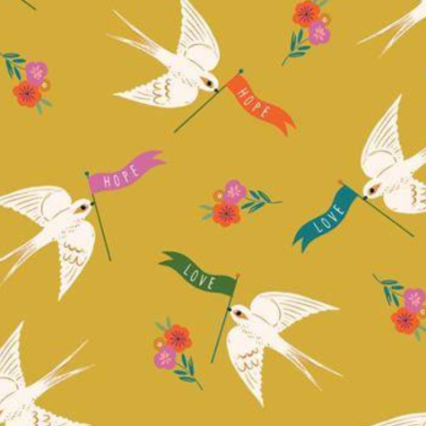 Mercerie - Tissu coupon 45 x 55 cm - oiseaux blanc - jaune
